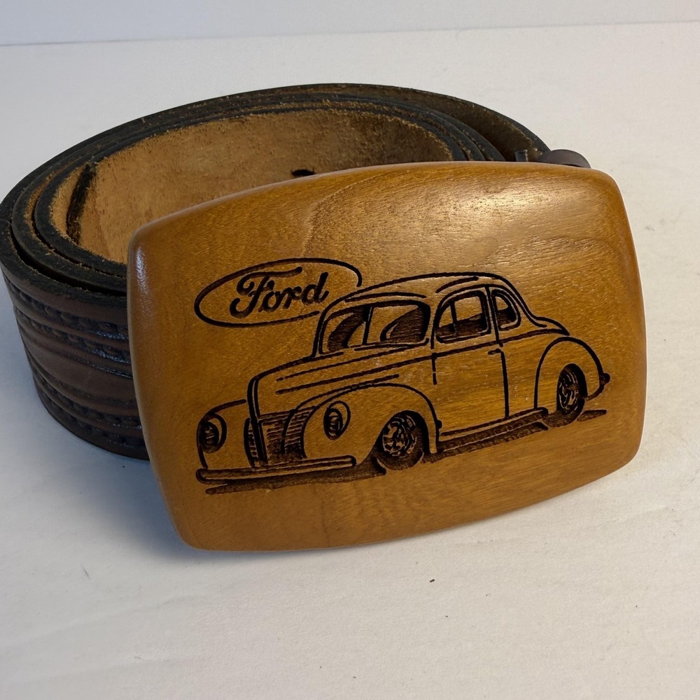 Ford Leather Belt Mens 42 Brown Western Wood Hot Rod Car Buckle‎ Made USA